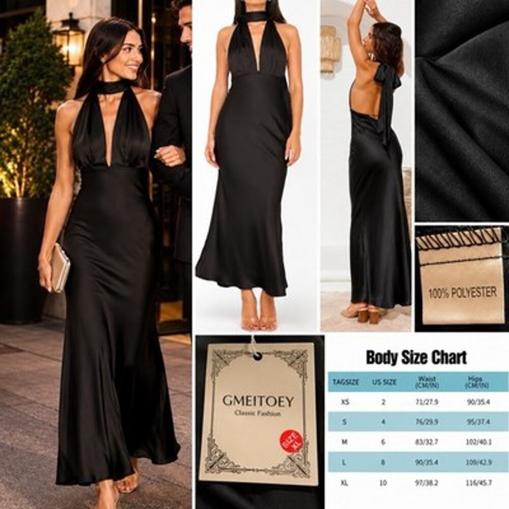 Women's Satin Halter  Choker Open Back Evening Maxi Dress Black XL